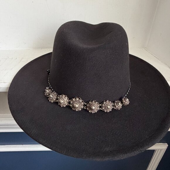 Vegan Brimmed Panama Fedora Black Green Silver Beads Wide Brim Unisex Hat New L main image 4